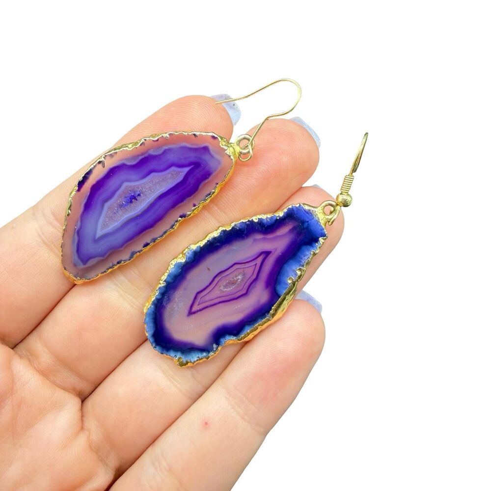Purple Agate Druzy Earrings, Gold Plated Boho Dangle